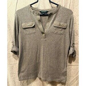 Lauren Ralph Lauren Women’s Gray Knit V-Neck Roll Tab 3/4 Sleeve Top Pockets M